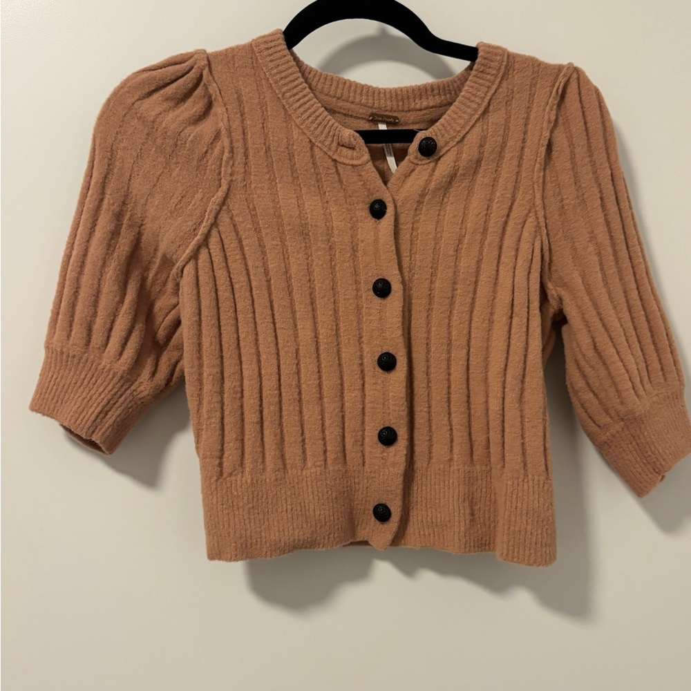 Free People Tan Cropped Cardigan with Puff Sleeves